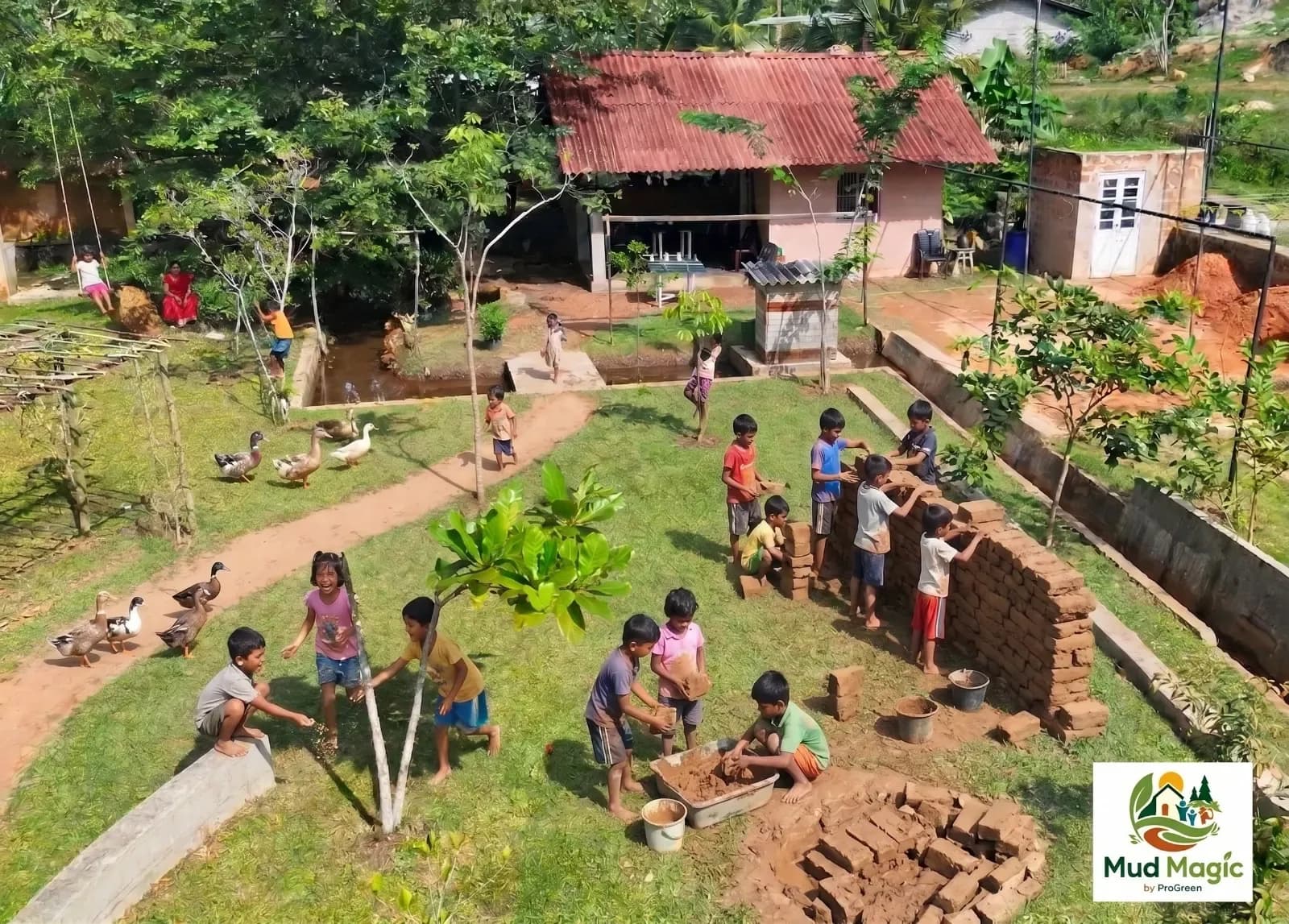 Children exploring the pathways of Mud Magic Park